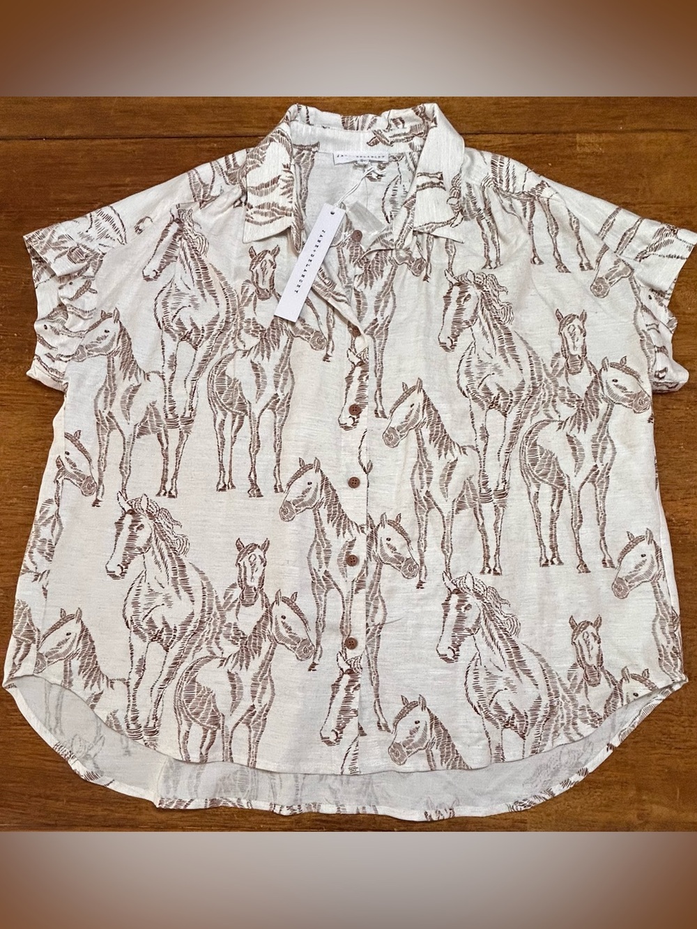 Jane + Delancey Horse Print Button Front Shirt White & Brown